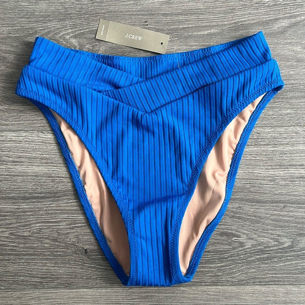 J.CREW Ribbed Crossover Cheeky Bikini Bottom XS Tide Water Blue Swimwear NWT